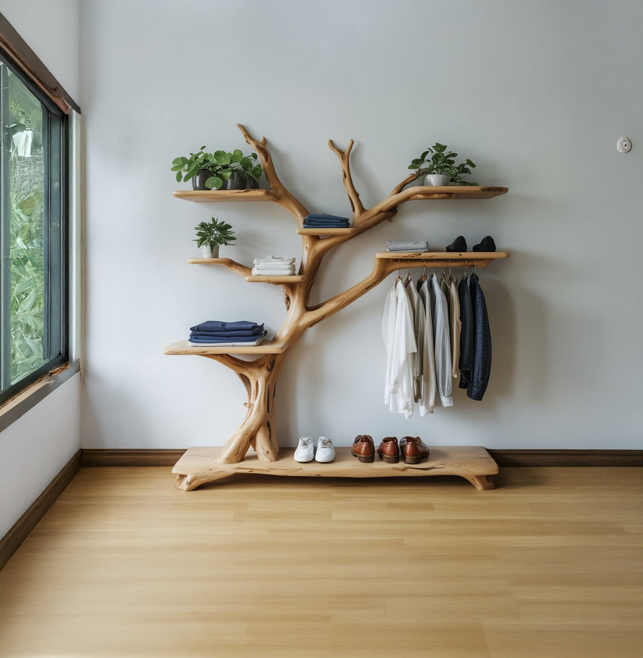 Solid wood tree bookshelf with clothing rack, plants, shoes, and folded clothes in modern room