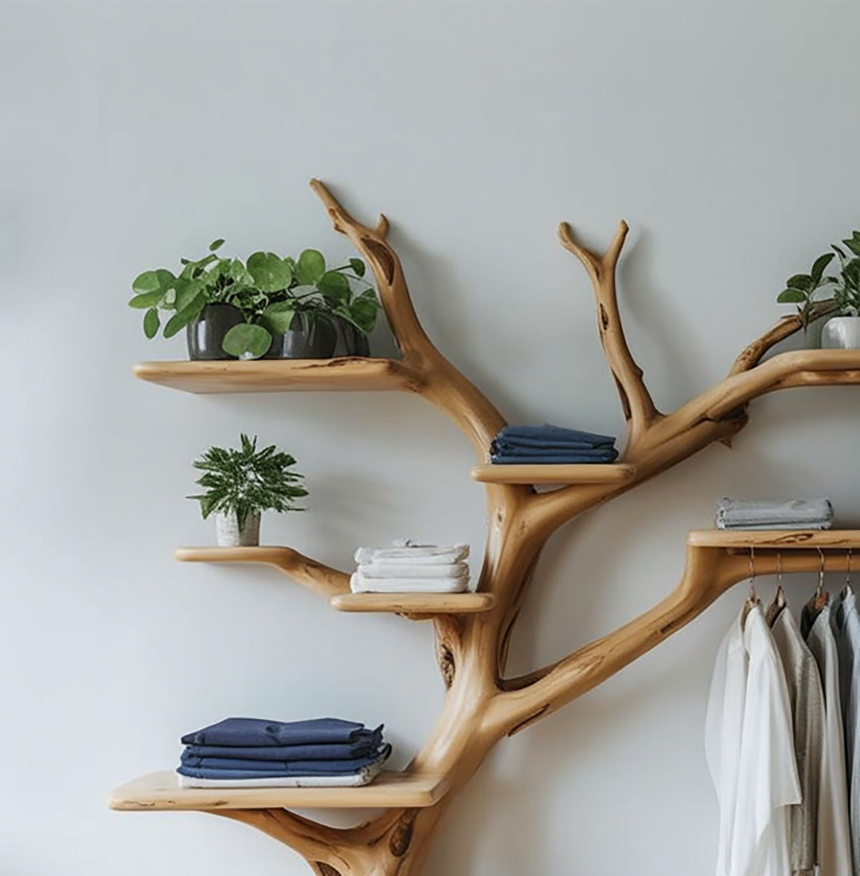 Solid wood tree bookshelf with folded clothes, hanging shirts, and potted plants
