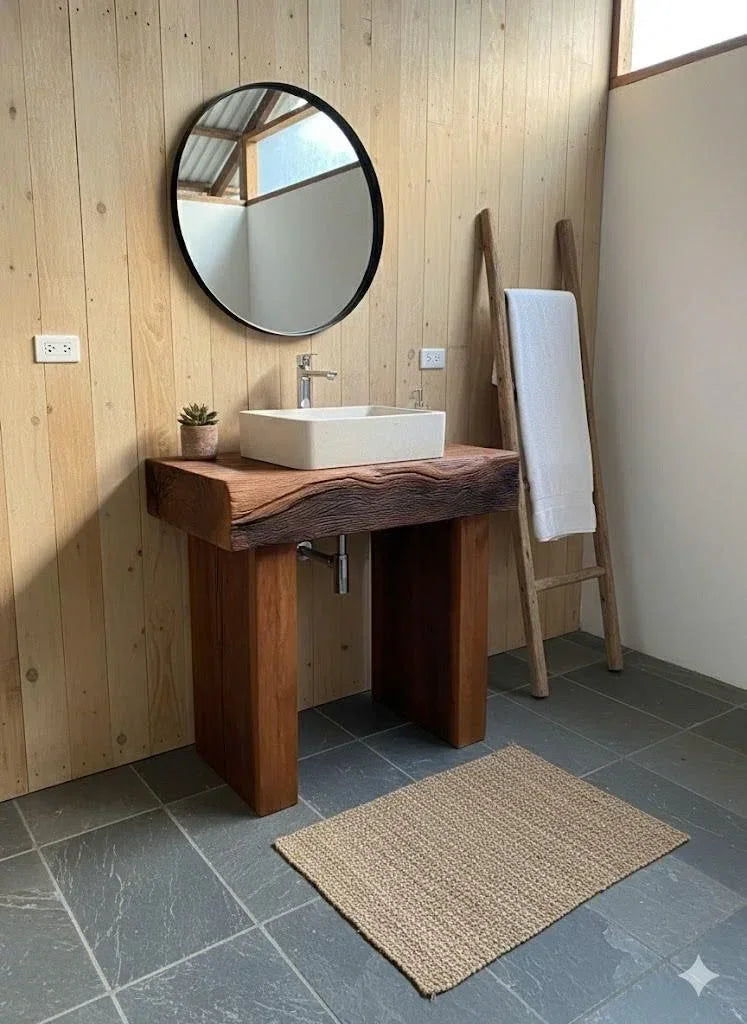 Modern bathroom with live edge wood vanity, vessel sink, round mirror, and ladder towel rack