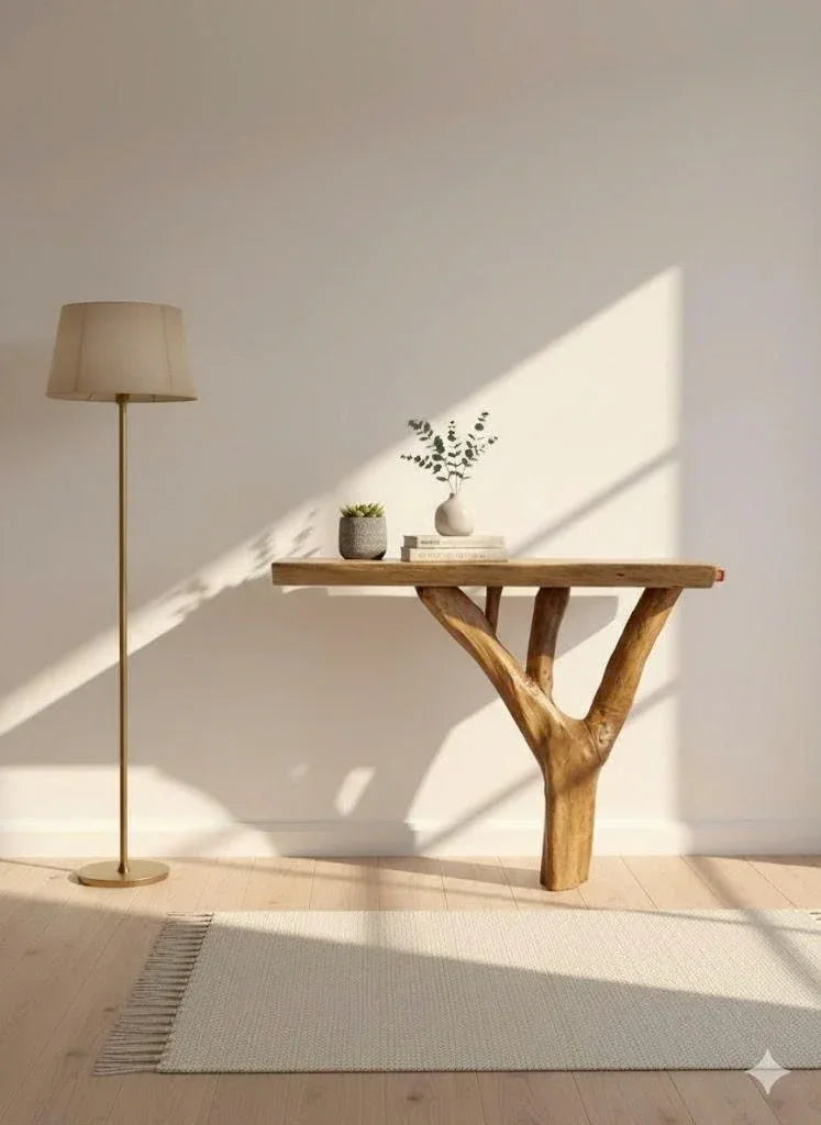 Live edge solid wood entry table with tree branch base, styled with plants and books in a sunlit room.