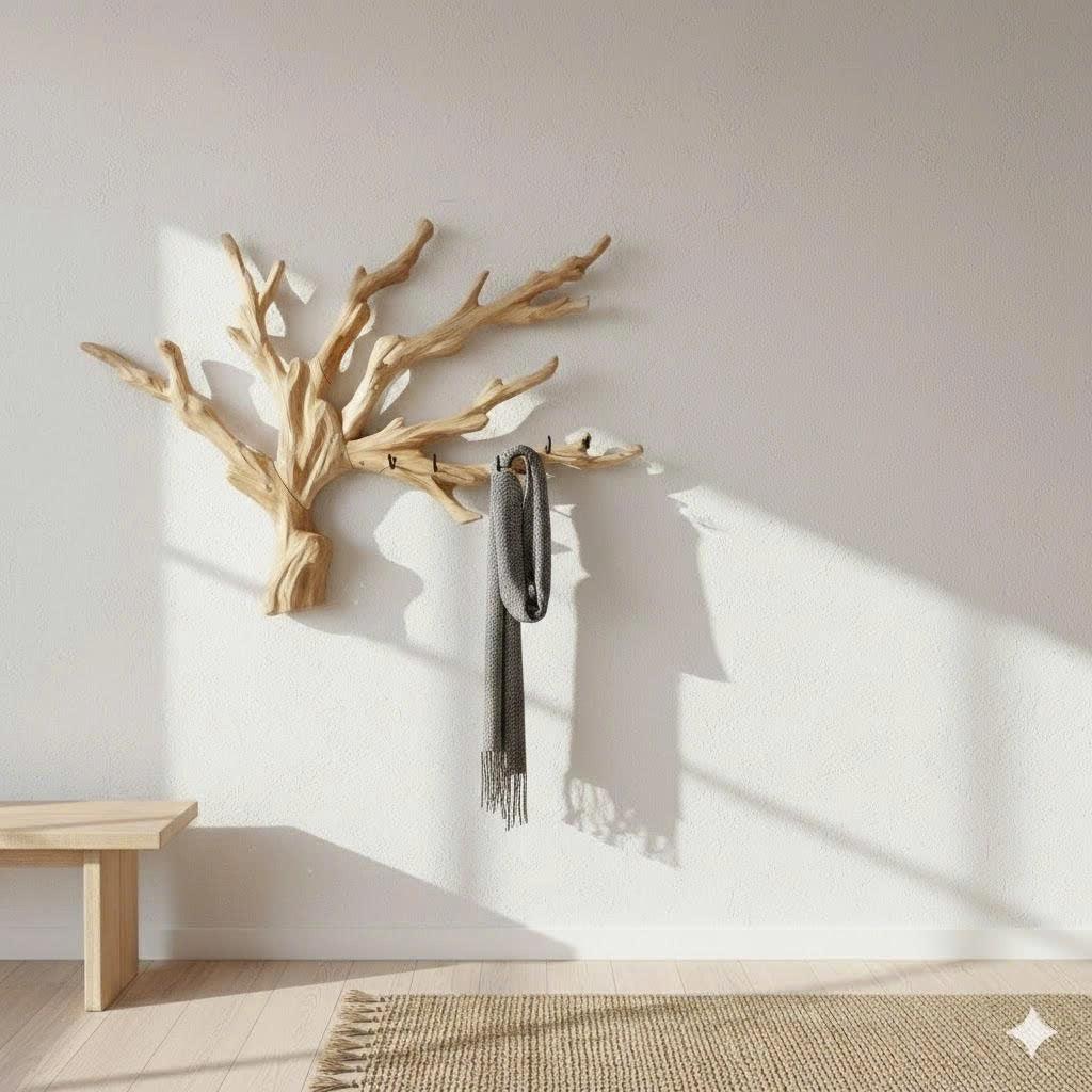 Live edge wood tree branch wall hook with scarf in modern entryway