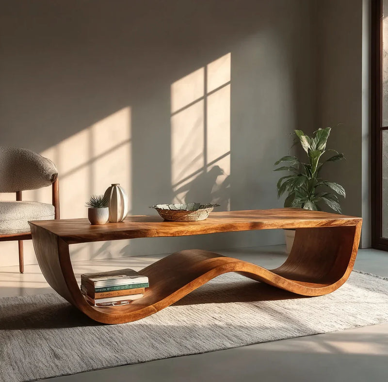 Modern solid wood wave coffee table with books and decor in a sunlit living room