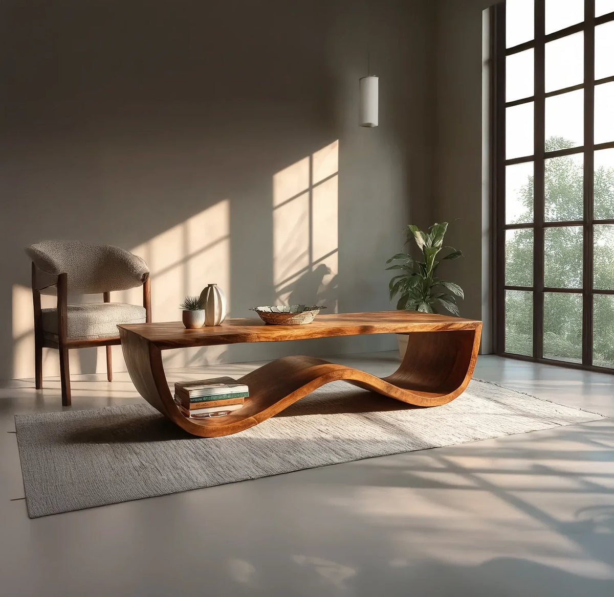 Sustainably crafted solid wood wave coffee table in modern living room with armchair and large window