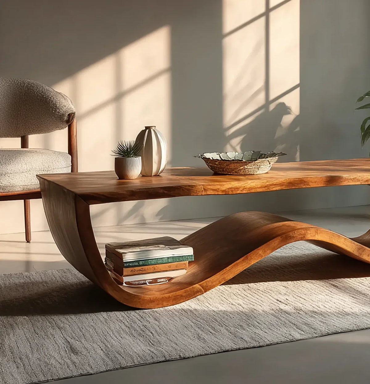Sustainably crafted solid wood wave coffee table with decorative vases and books in sunlit room
