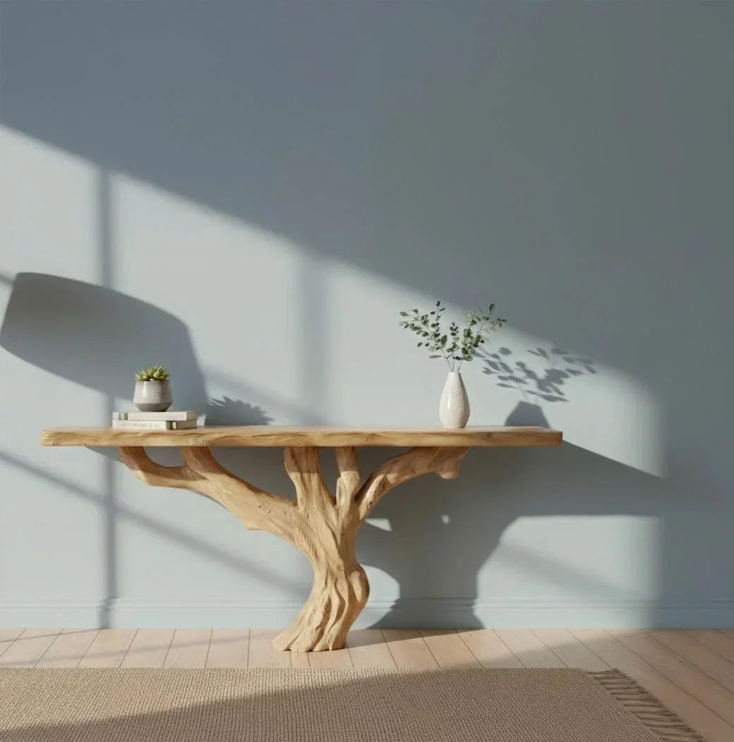 Live edge solid wood console table with tree branch base in minimal living room