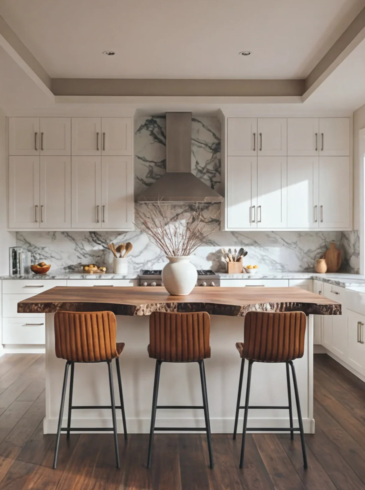 Modern kitchen with live edge wood island, marble backsplash, and brown bar stools