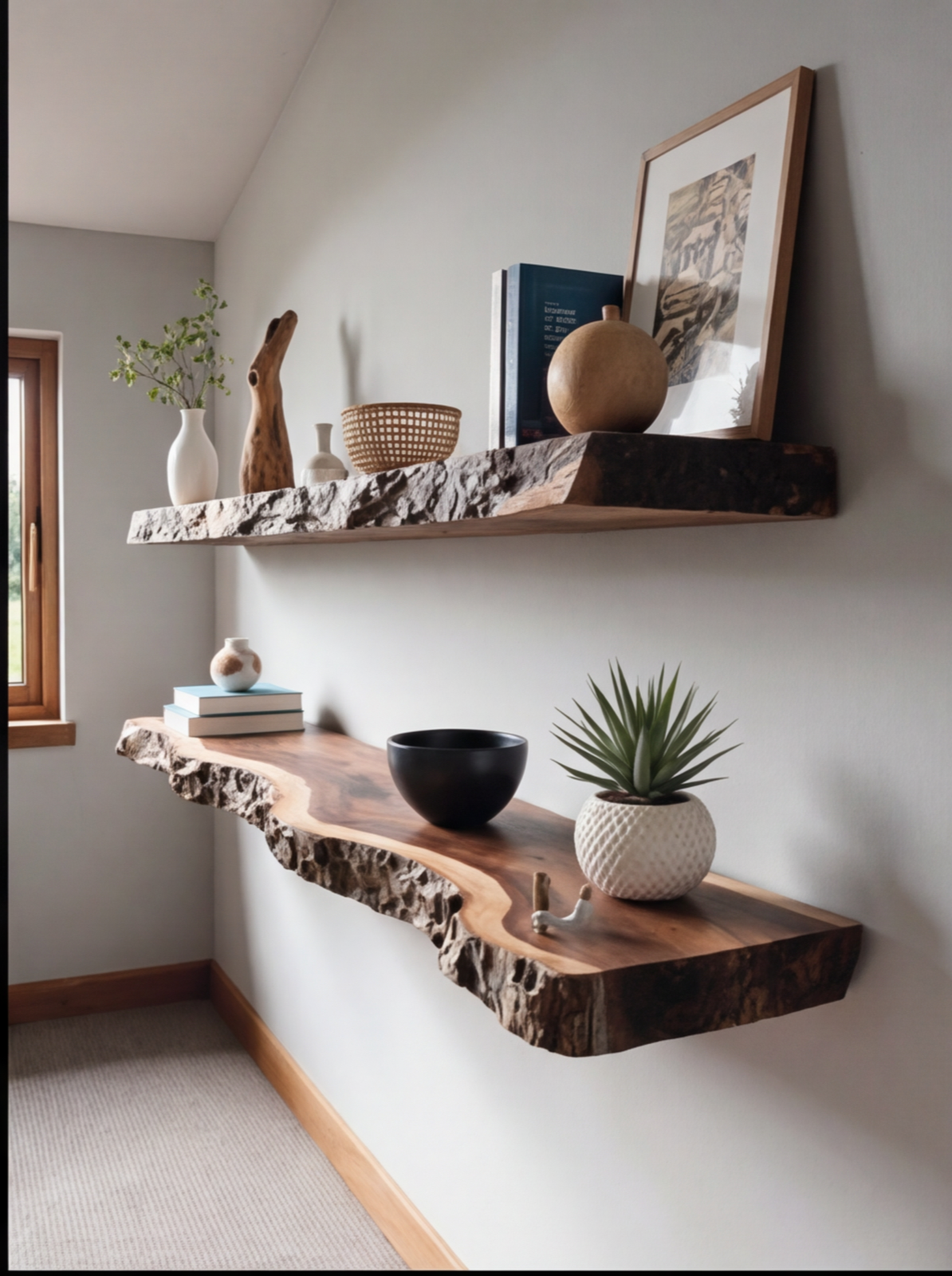 Live edge floating wood shelves with decor in a modern, minimalist room