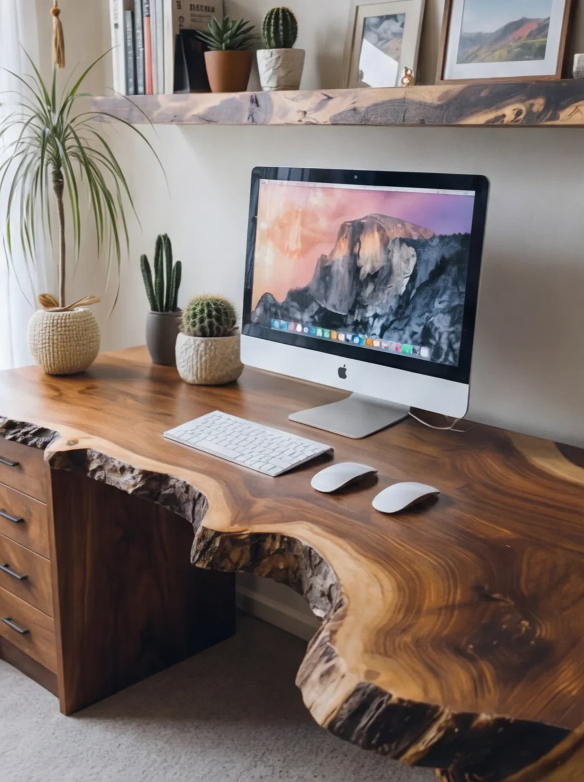 Live edge solid wood desk with computer, cacti, and floating shelf in modern home office