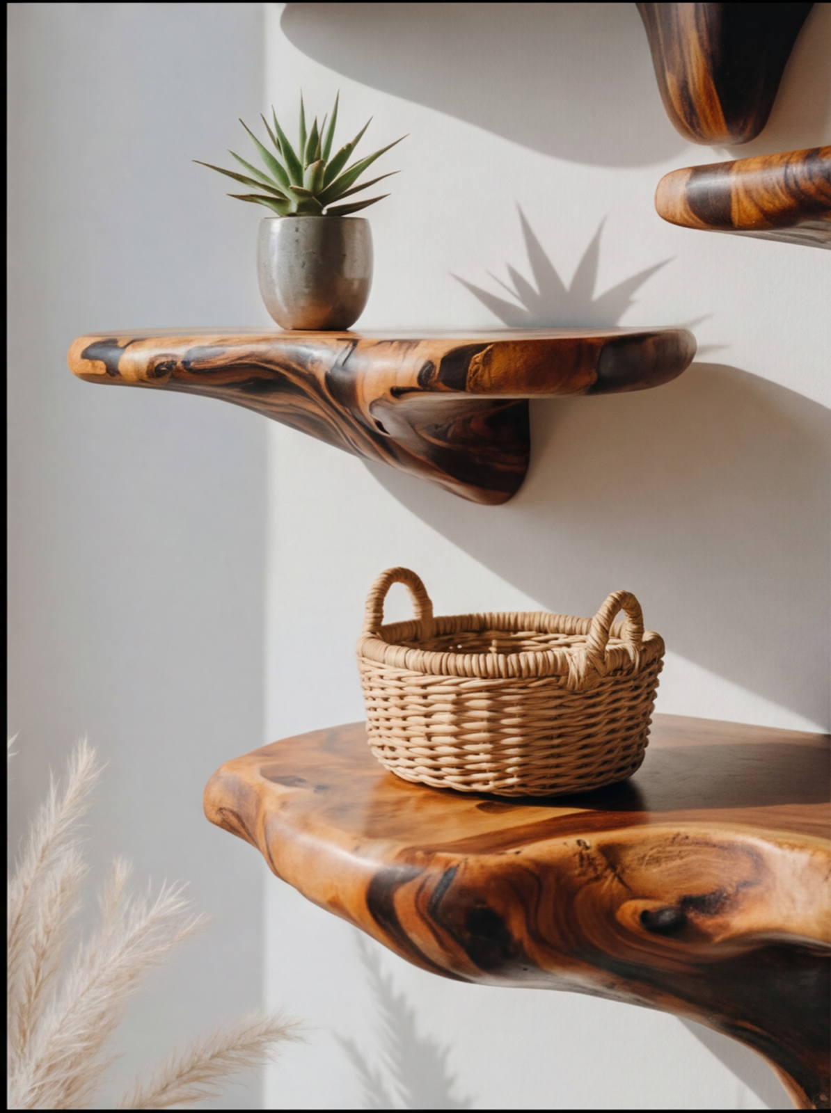 Live edge floating wood shelves with a potted succulent and woven basket, modern decor