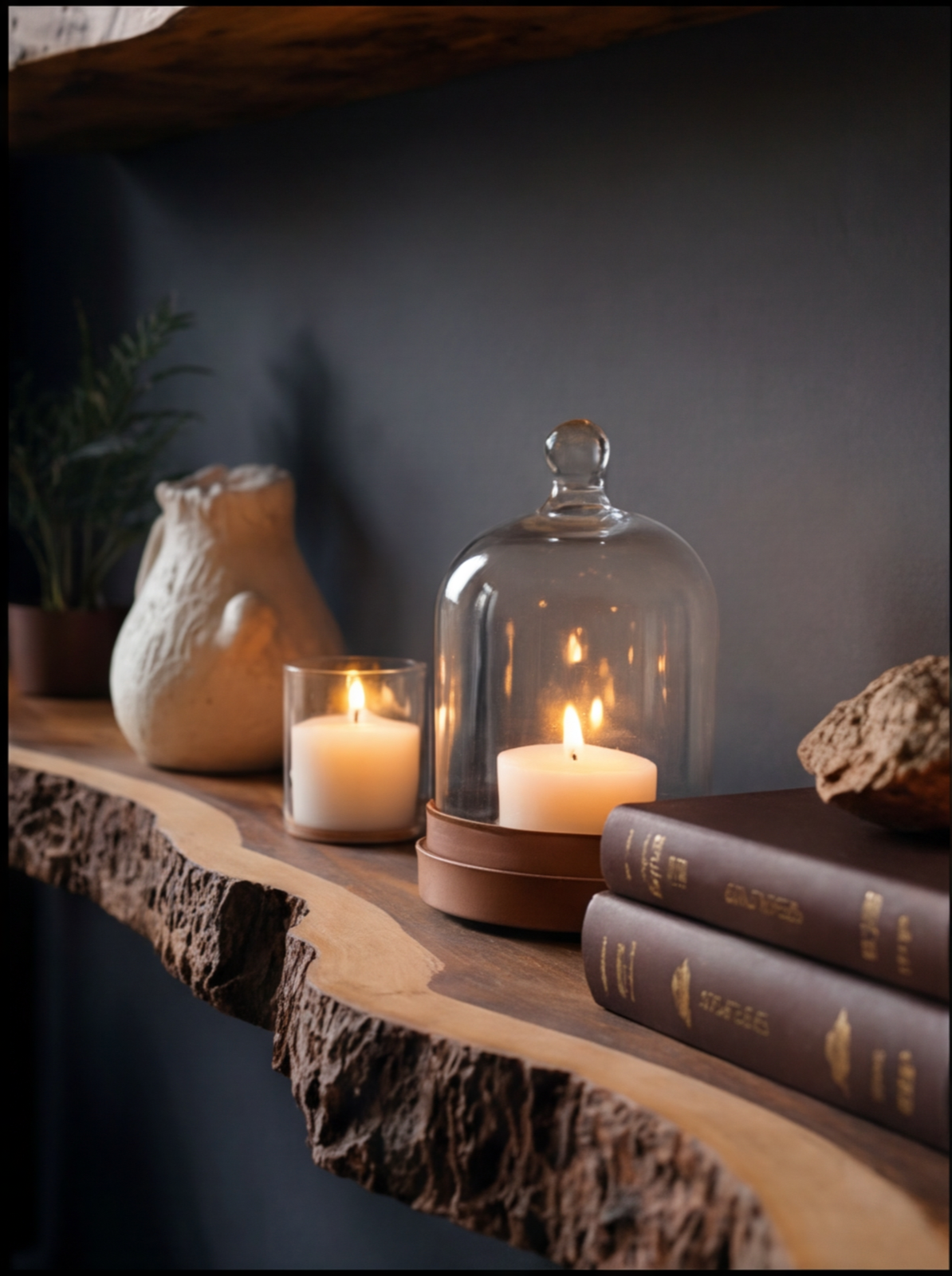 Live edge wooden floating shelf with candles, books, plant, and decorative vase.