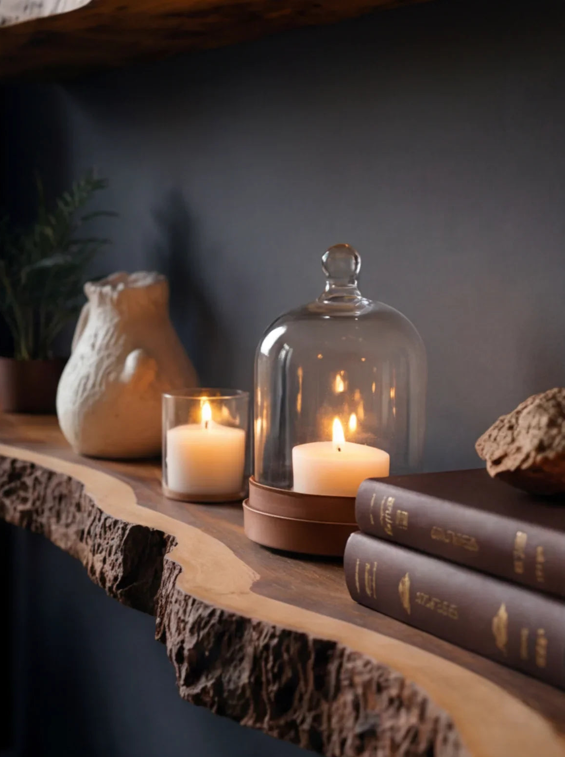Live edge wooden floating shelf with candles, books, plant, and decorative vase.