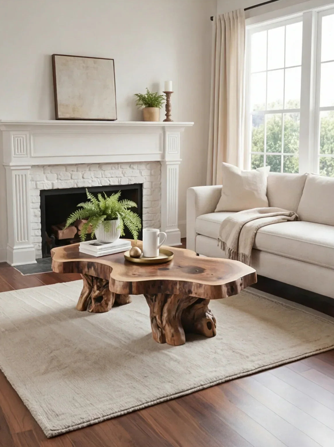 Live edge solid wood coffee table in bright living room with white sofa and fireplace