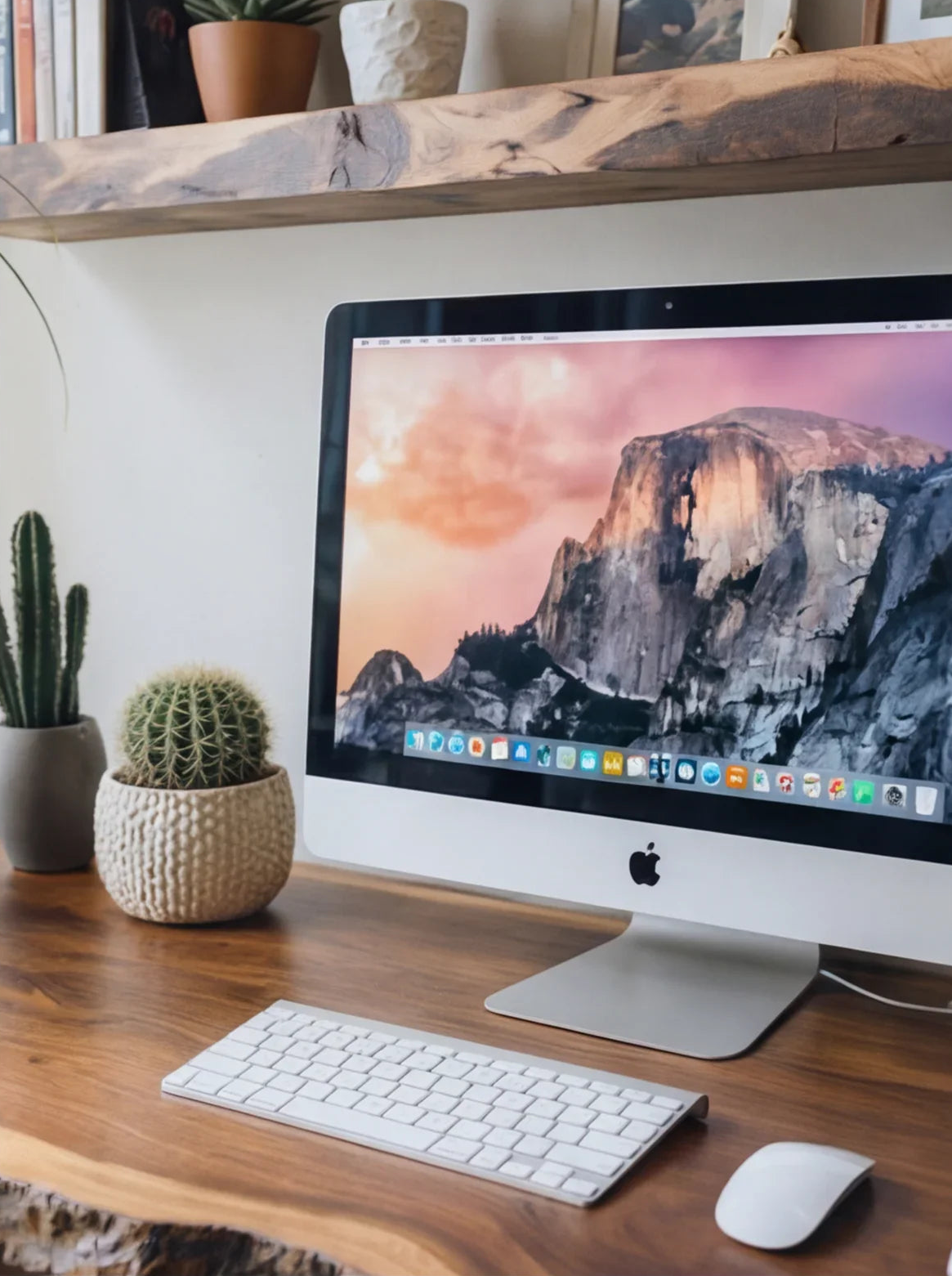 Solid wood live edge desk with iMac, keyboard, mouse, and potted cacti, floating wood shelf