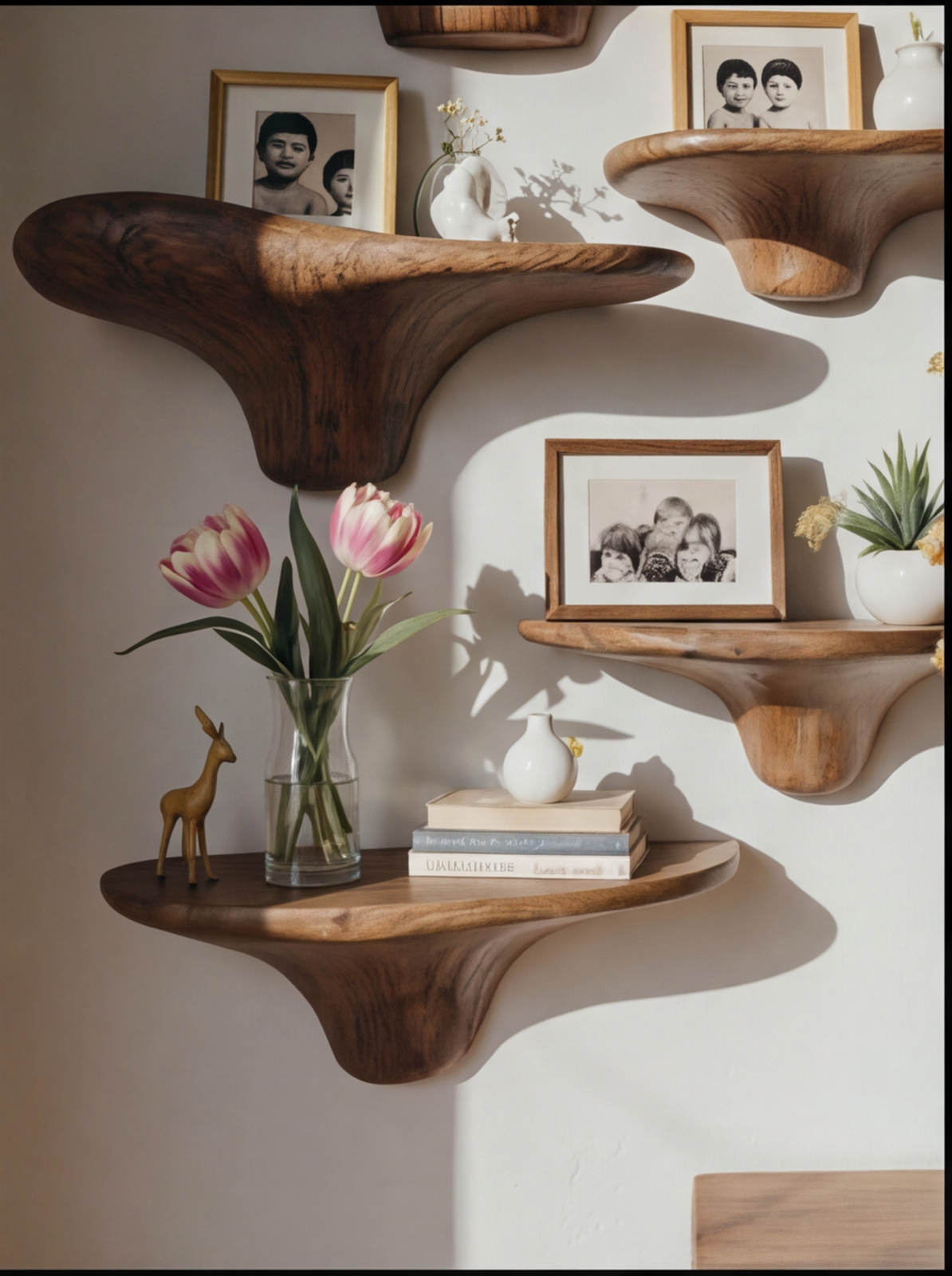 Solid wood floating shelves with framed photos, tulips in vase, books, and modern decor