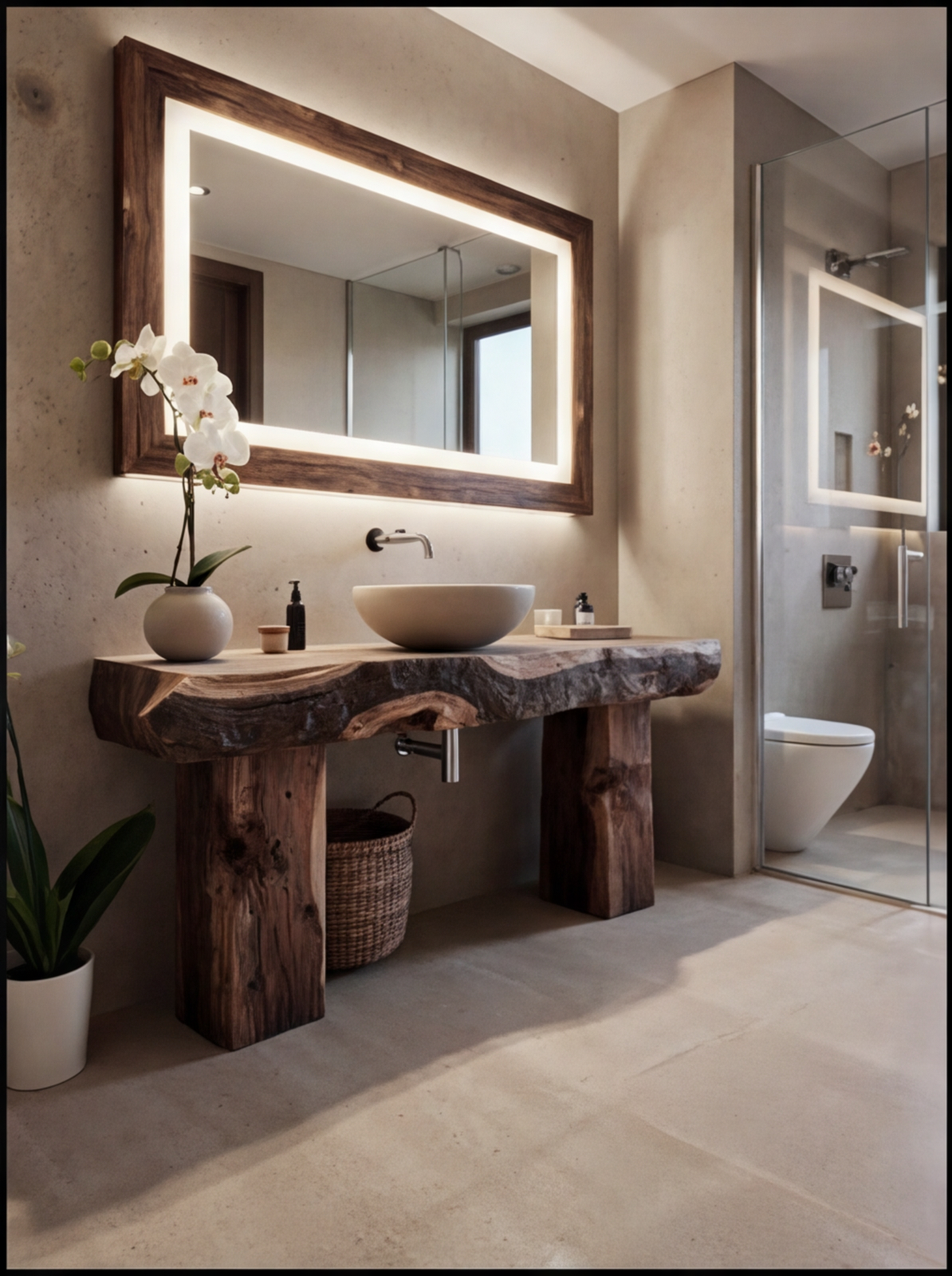 Modern bathroom with live edge wood vanity, vessel sink, large illuminated mirror, and neutral decor.