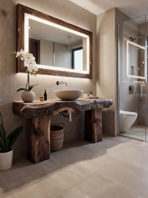 Rustic Wooden Bathroom Vanity – Custom Handmade Farmhouse Shelf with Live Edge Wood Cabinet