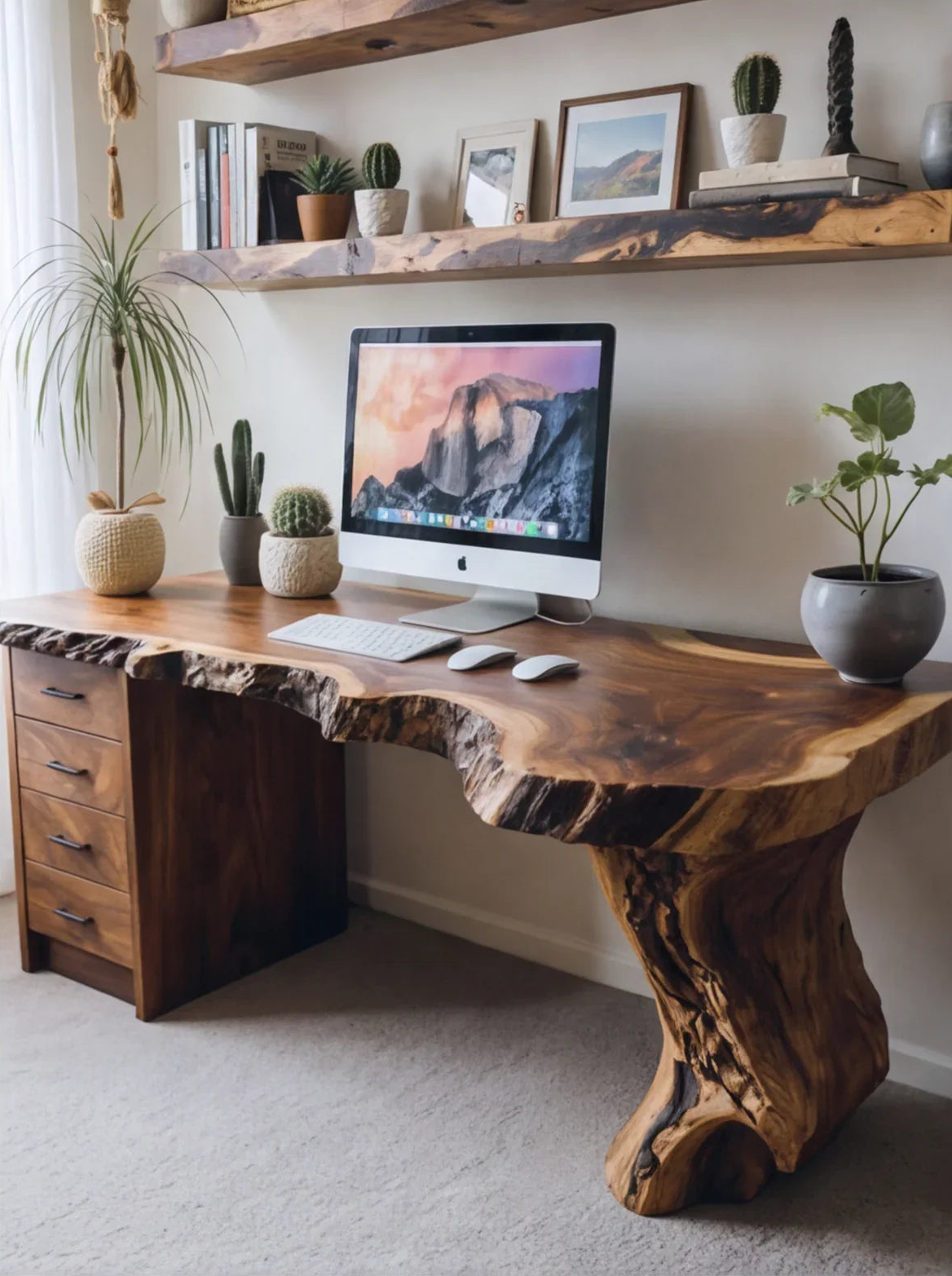 Live edge solid wood desk with iMac, drawers, indoor plants, and floating wood shelves.