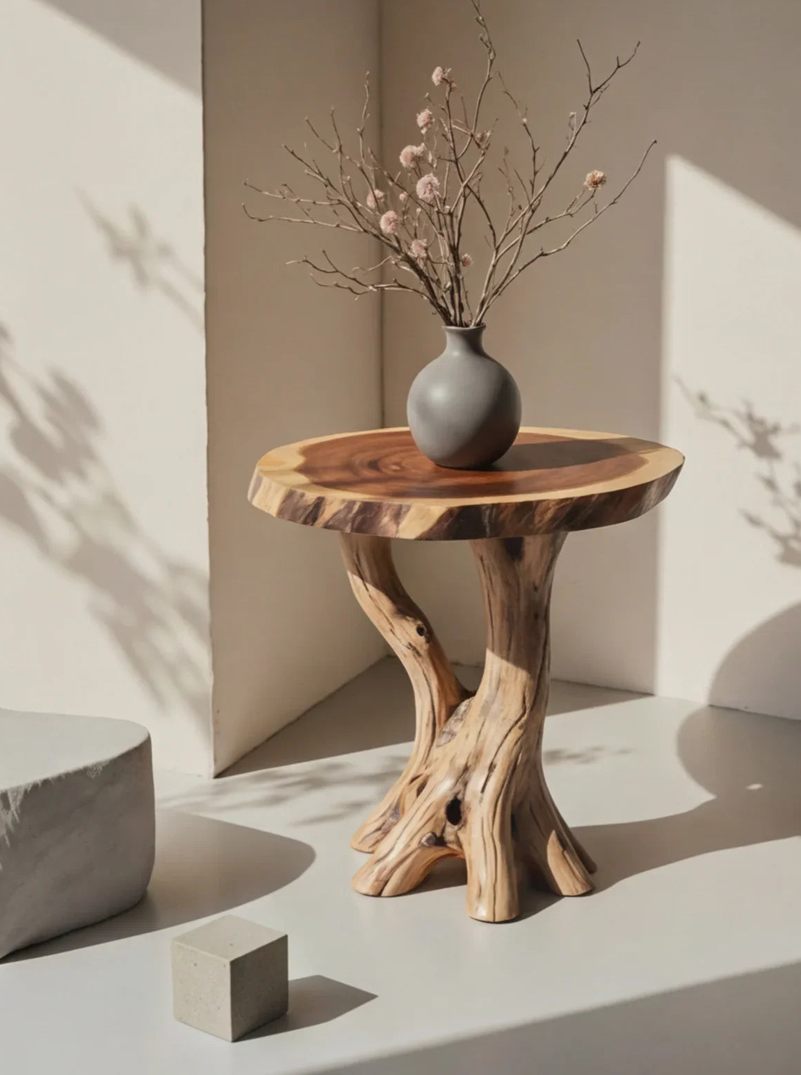 Live edge solid wood side table with natural grain, topped with gray vase and dried branches