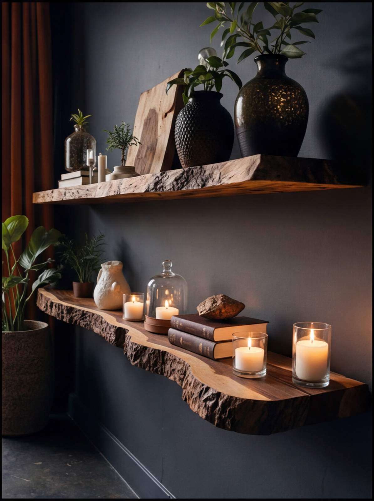 Live edge floating wood shelves with candles, plants, books, and rustic decor on a dark wall.
