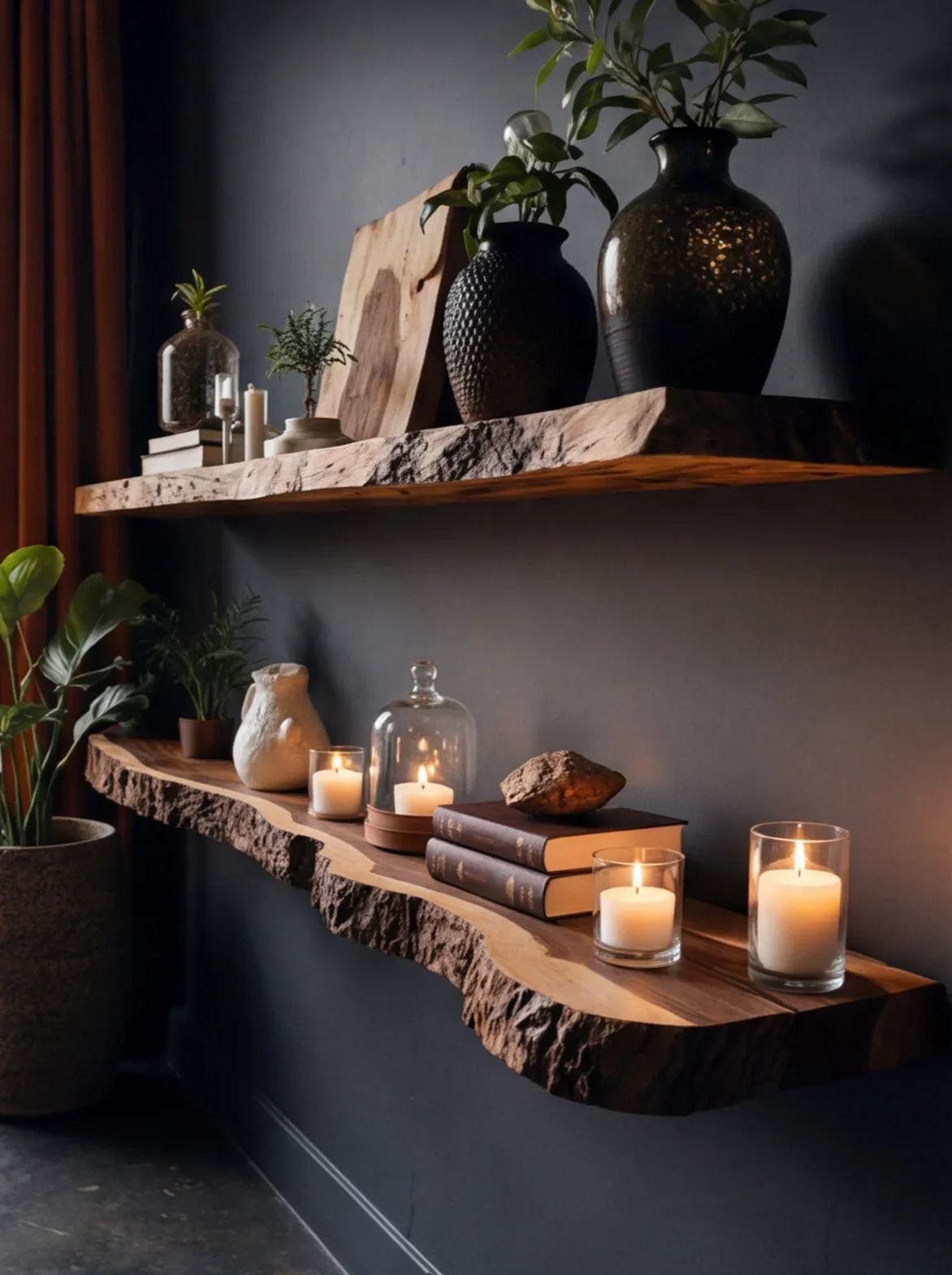 Live edge floating wood shelves with candles, plants, books, and rustic decor on a dark wall.