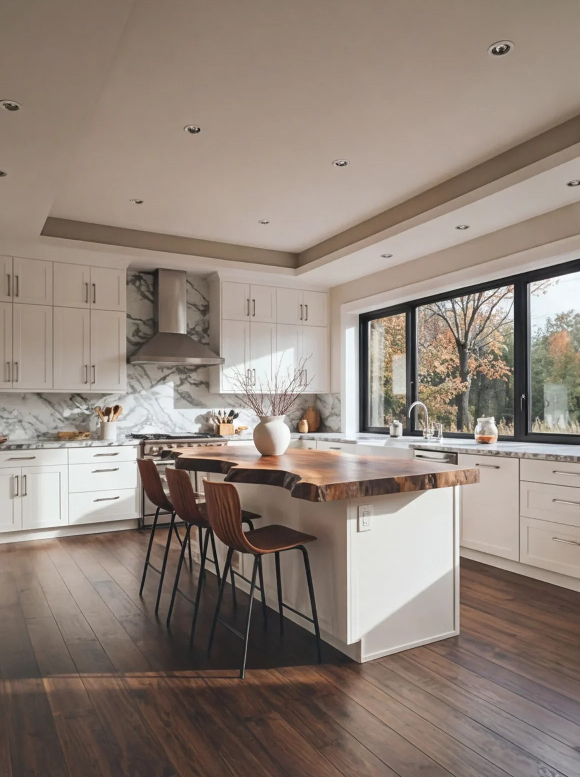 Modern kitchen with live edge solid wood island, white cabinets, marble backsplash, and large windows