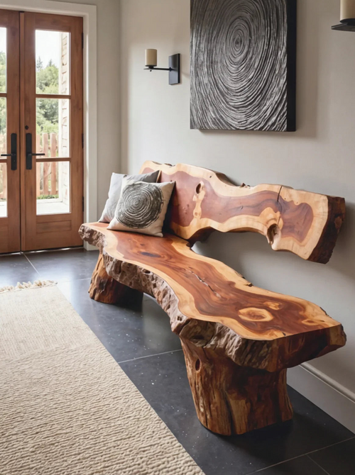 Handmade Live Edge Wooden Bench – Solid Natural Slab Seating with Backrest