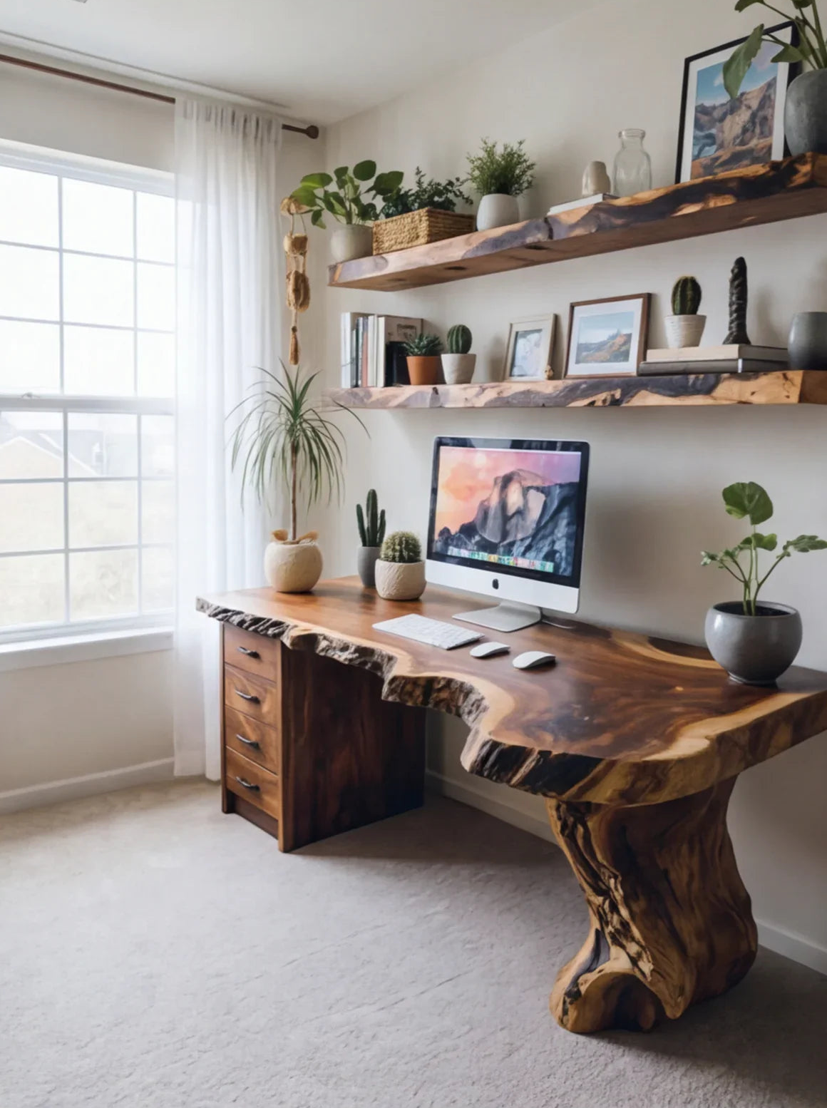 Live edge solid wood desk and floating shelves with computer and plants in bright home office