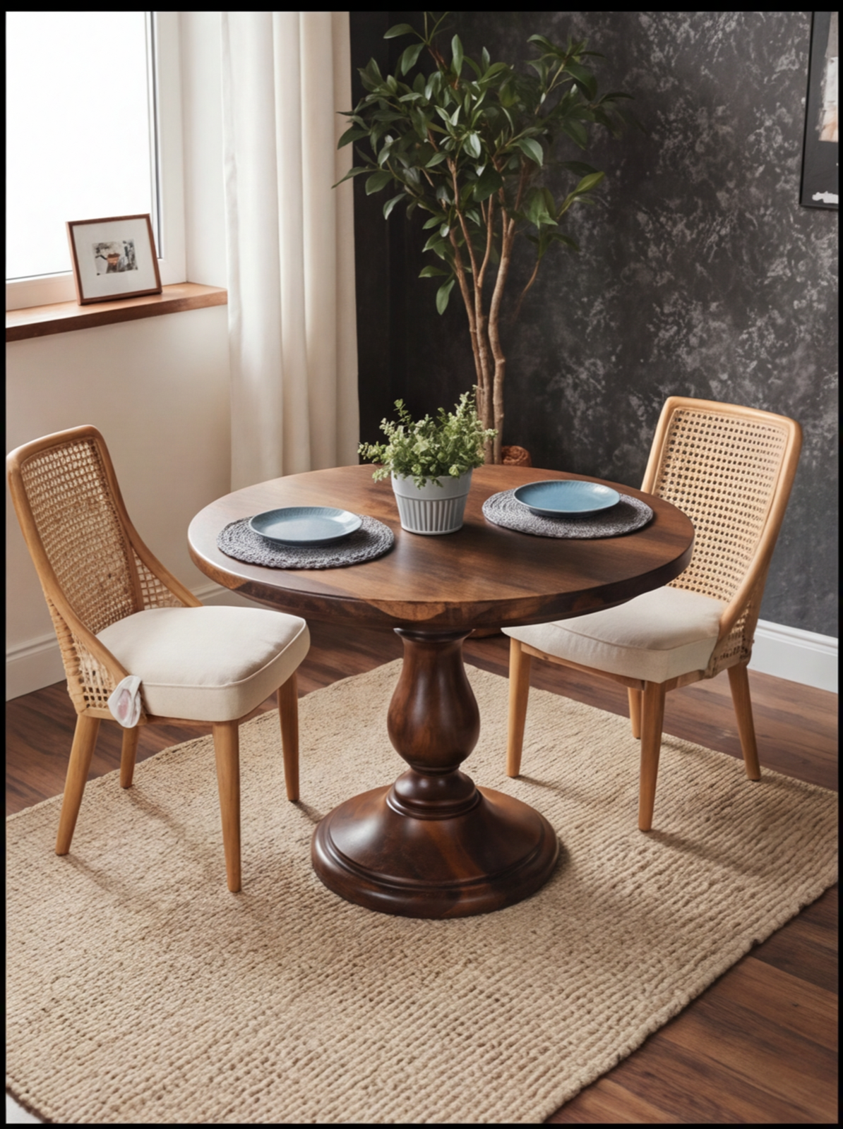 Round solid wood dining table with two chairs, set for two in a cozy, modern room