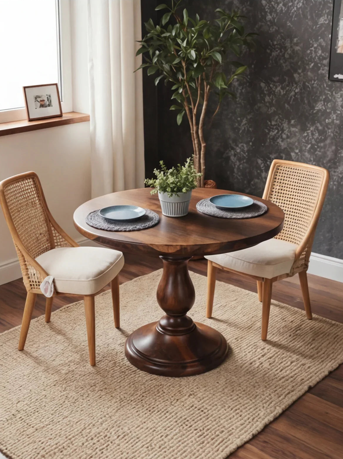 Round solid wood dining table with two chairs, set for two in a cozy, modern room
