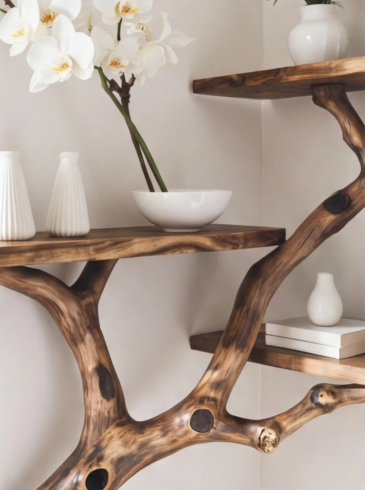 Floating Corner Tree Bookshelf – Rustic Driftwood Branch Wall-Mounted