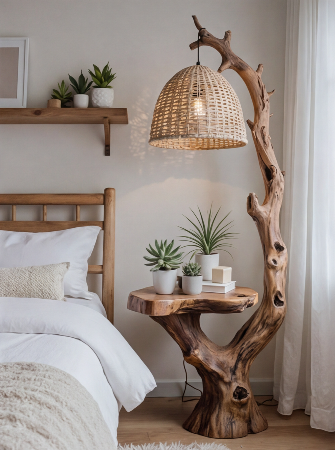 Sustainably crafted live edge wood bedside table with plants and a woven pendant lamp in a cozy bedroom.