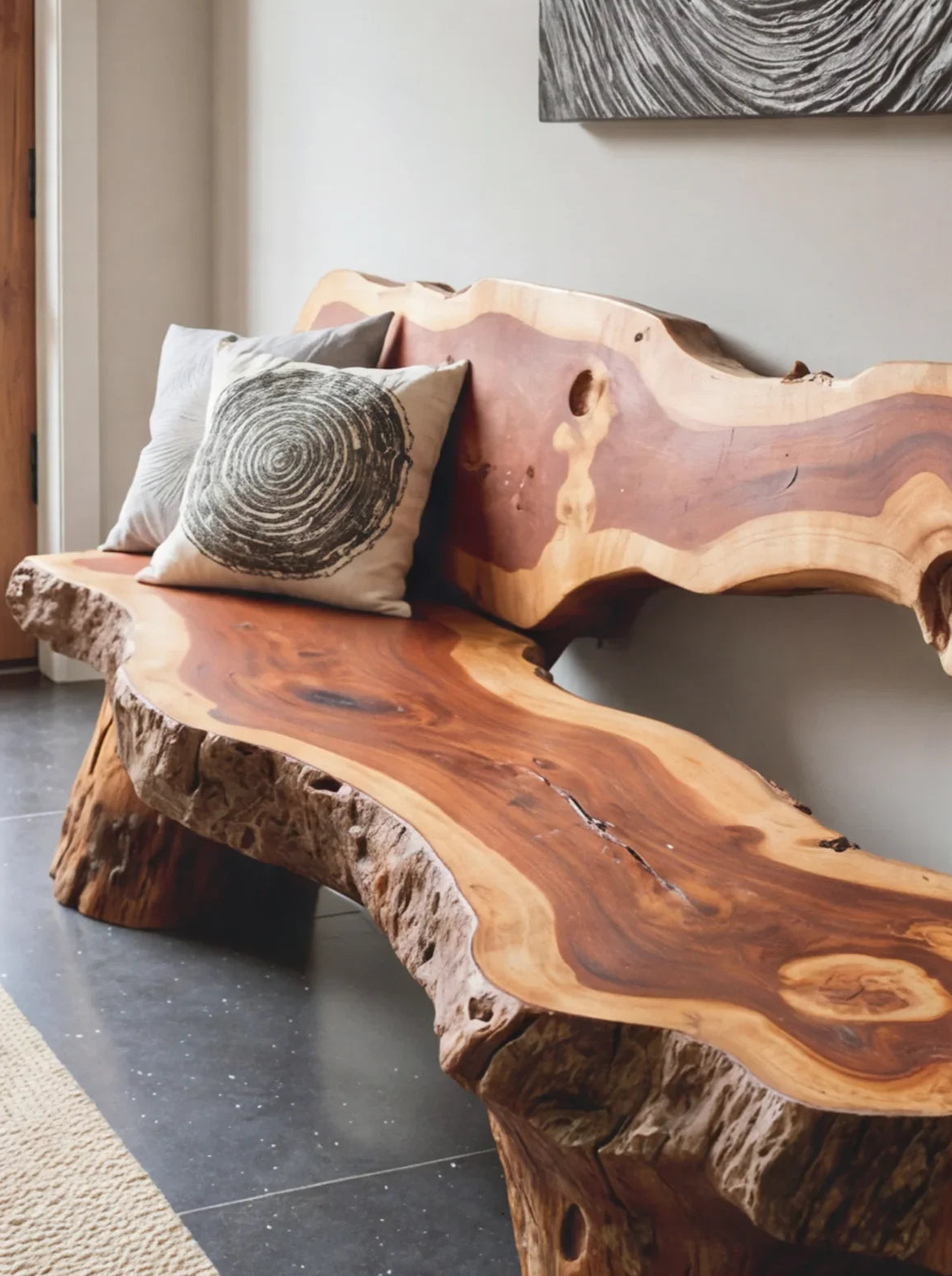 Live edge solid wood bench with natural grain, organic shape, and decorative throw pillows.