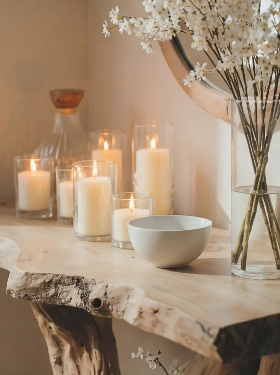 Live edge wood table with white candles, ceramic bowl, and glass vase of flowers