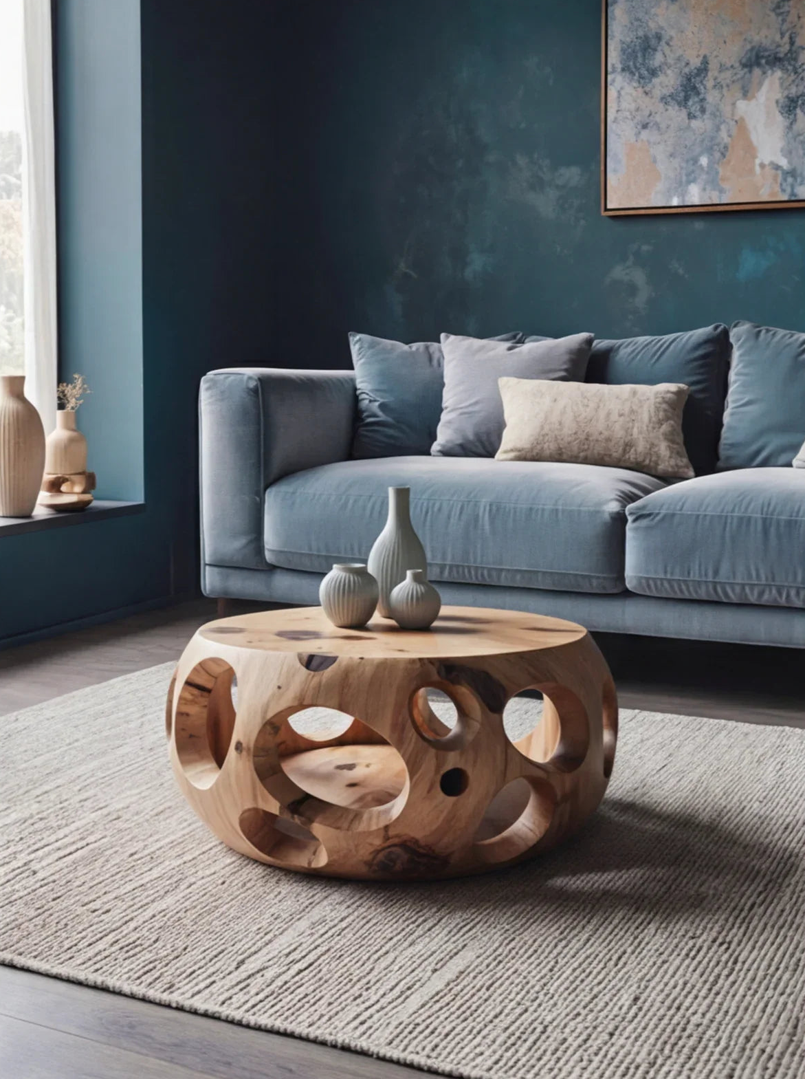 Live edge solid wood coffee table with circular cutouts in a modern living room