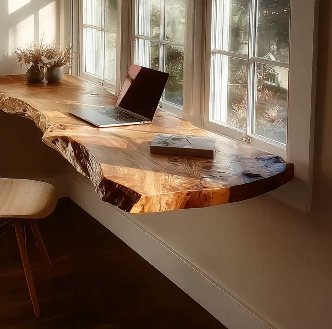 Live edge floating solid wood desk by window with laptop and book, modern home office decor