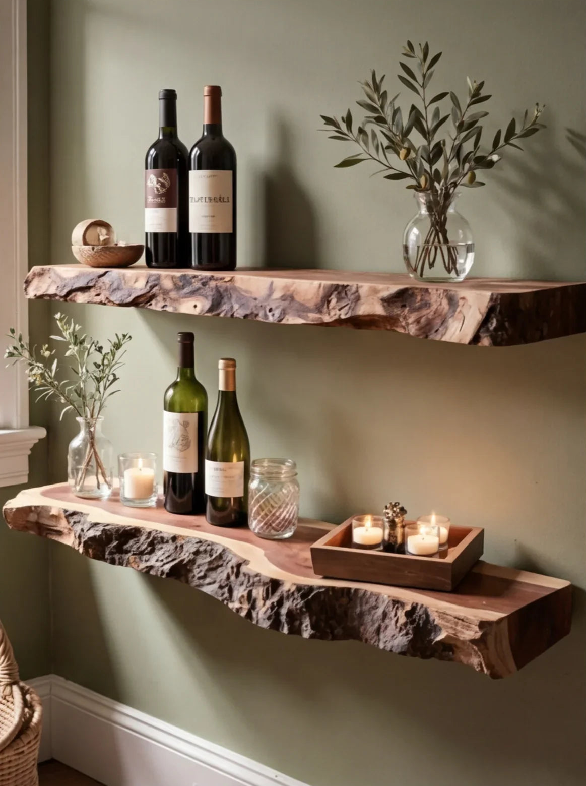 Live edge solid wood floating shelves with wine bottles, candles, and glass vases on green wall