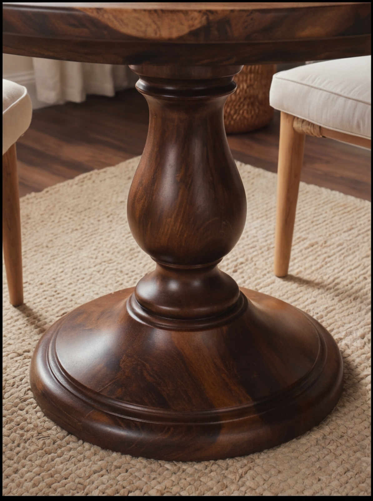 Solid wood round pedestal table base with rich natural grain, on woven rug