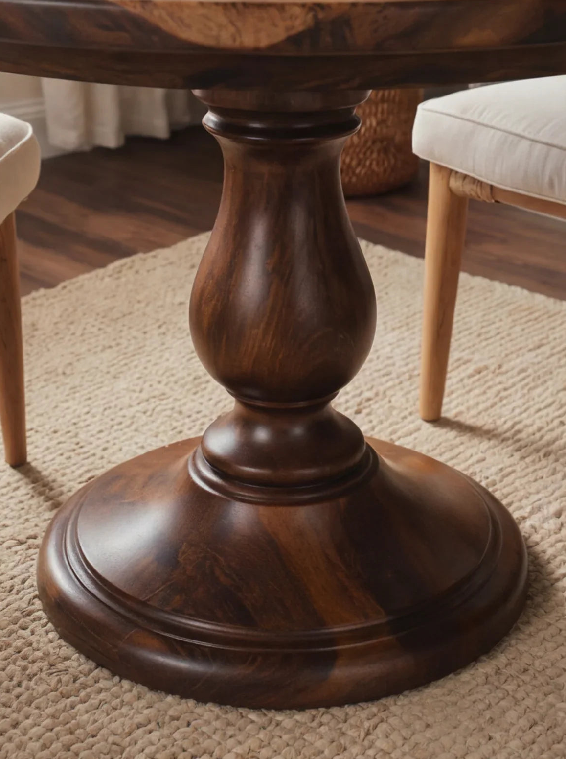 Solid wood round pedestal table base with rich natural grain, on woven rug