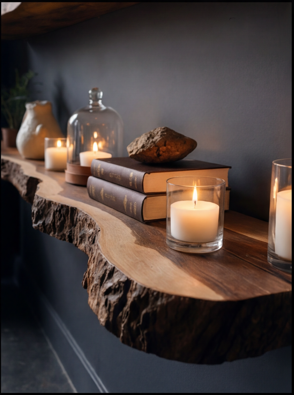 Live edge floating wood shelf with candles, books, and natural decor against dark wall