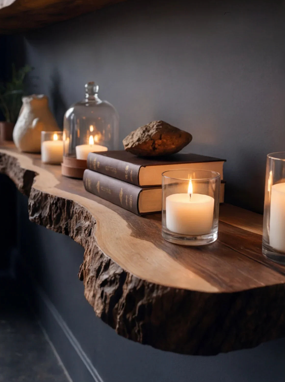 Live edge floating wood shelf with candles, books, and natural decor against dark wall