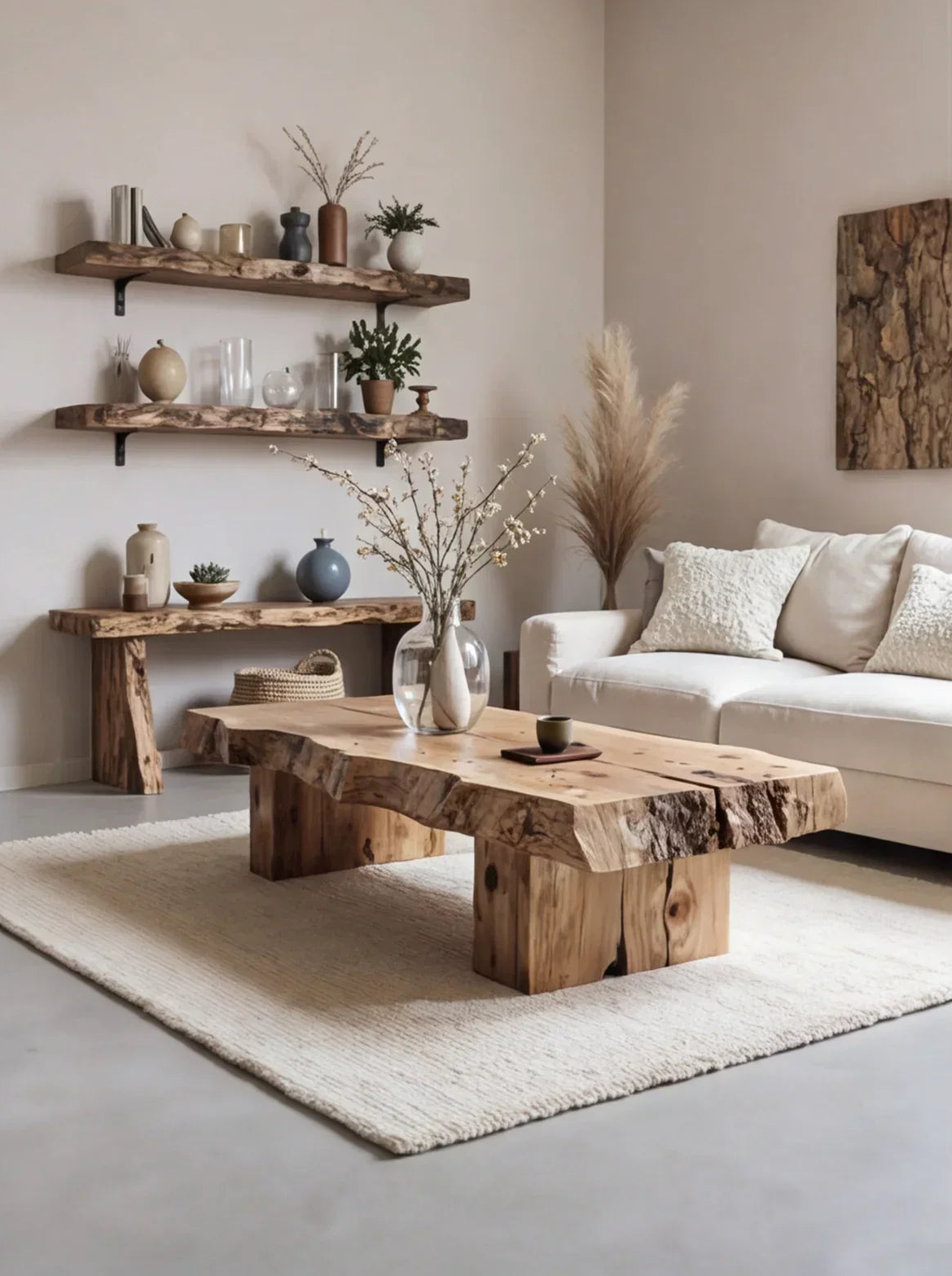 Modern living room with live edge wood coffee table, floating shelves, and neutral decor