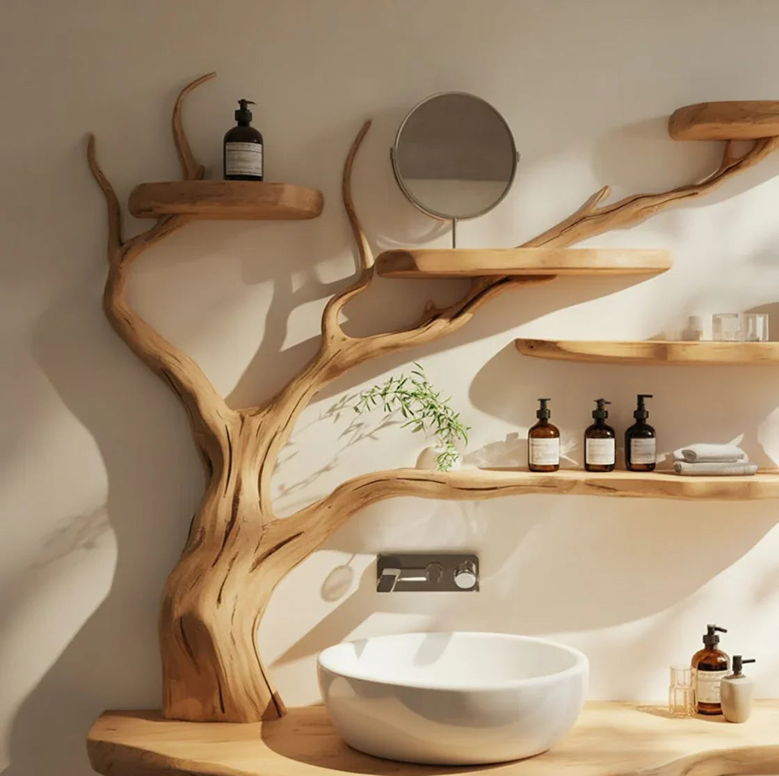 Live edge solid wood tree bookshelf with floating shelves above a modern bathroom sink