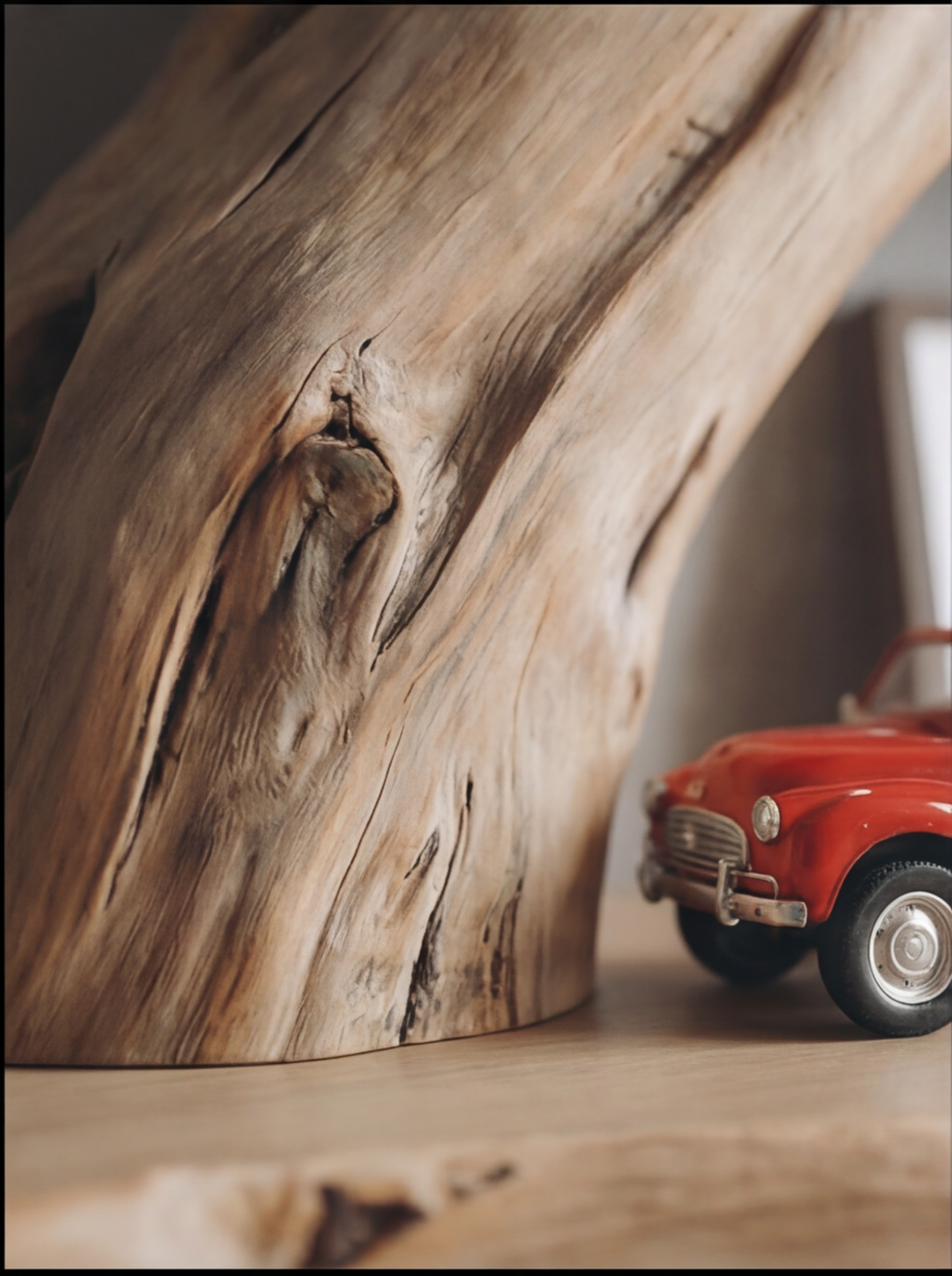Close-up of solid wood furniture with natural live edge and a small red toy car beside it.