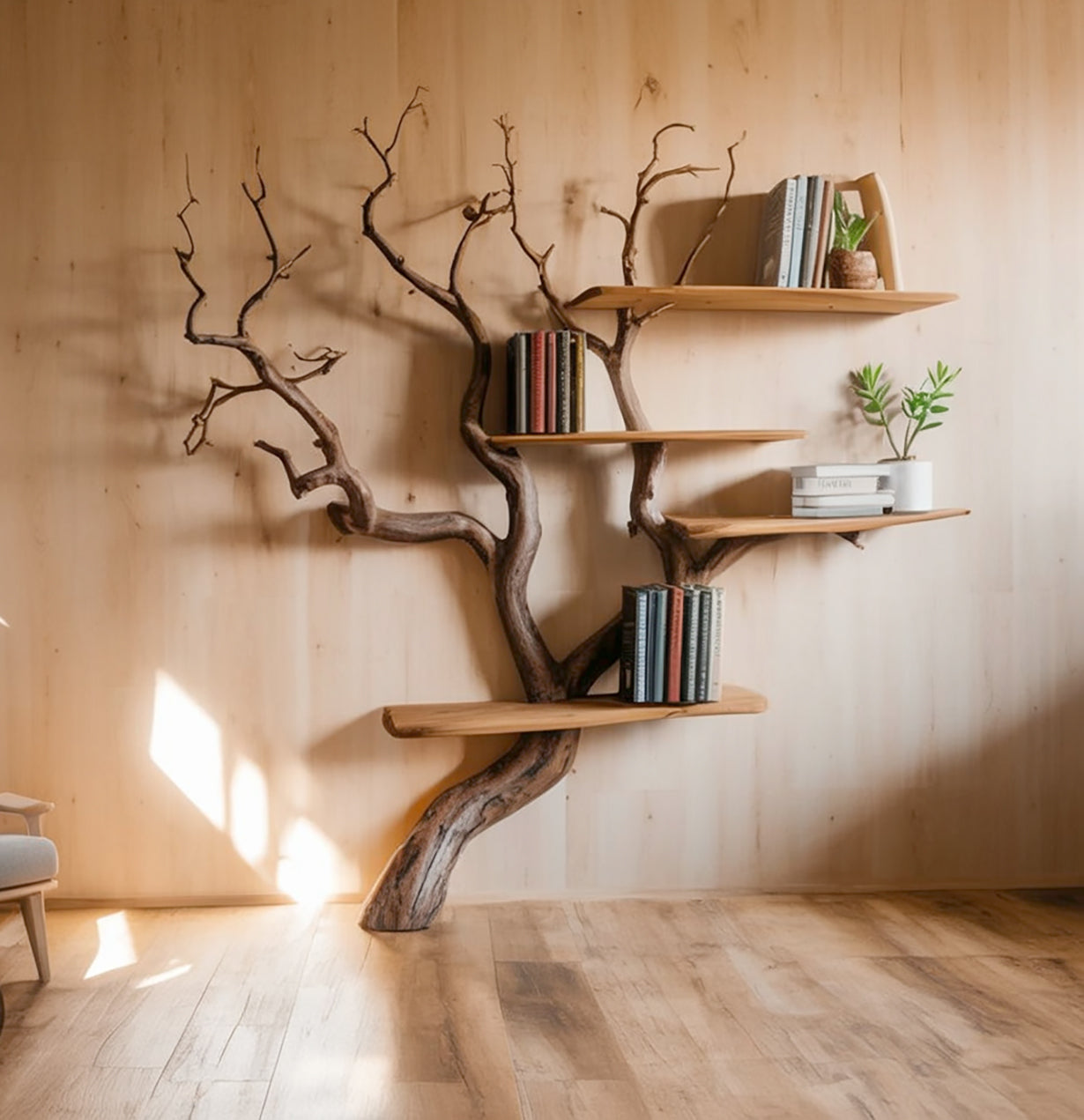 Live-Edge Tree Branch Wall Bookshelf – Sculptural Natural Wood Storage