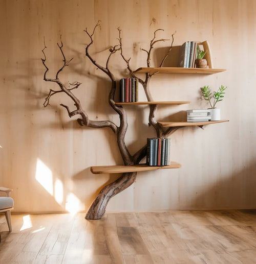 Sculptural Tree Branch Wall Bookshelf – Handcrafted Solid Wood Floating Shelf