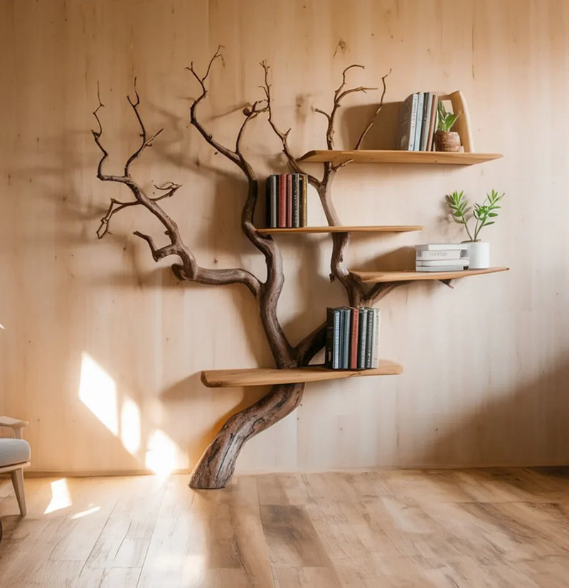 Solid wood tree bookshelf with live edge shelves on a light wood wall, holding books and plants