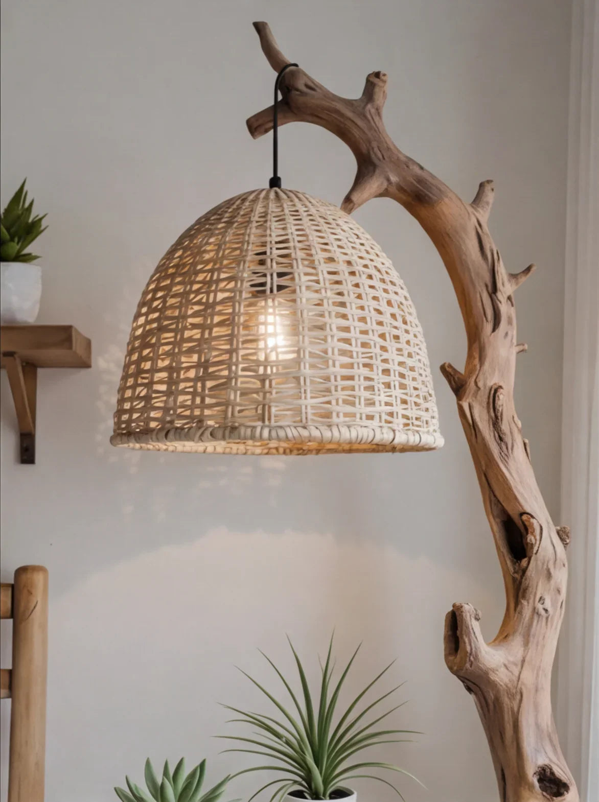 Sustainable rattan woven lamp with a natural wood branch stand and potted plants