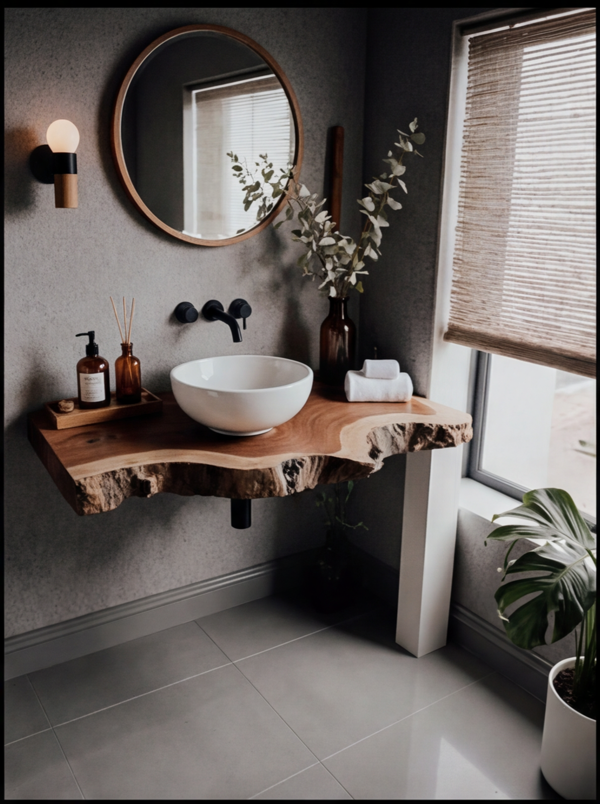 Modern bathroom with live edge wood vanity, round mirror, and vessel sink