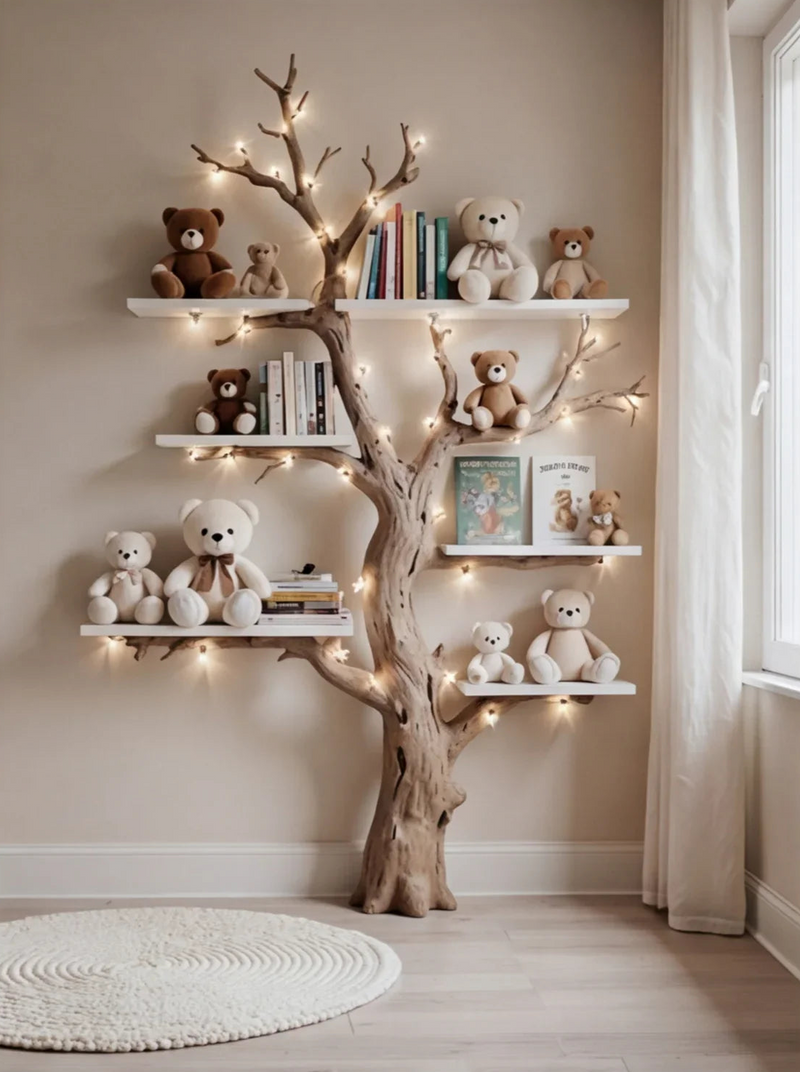 Tree-shaped bookshelf with lights, teddy bears, and books in a cozy kids' room