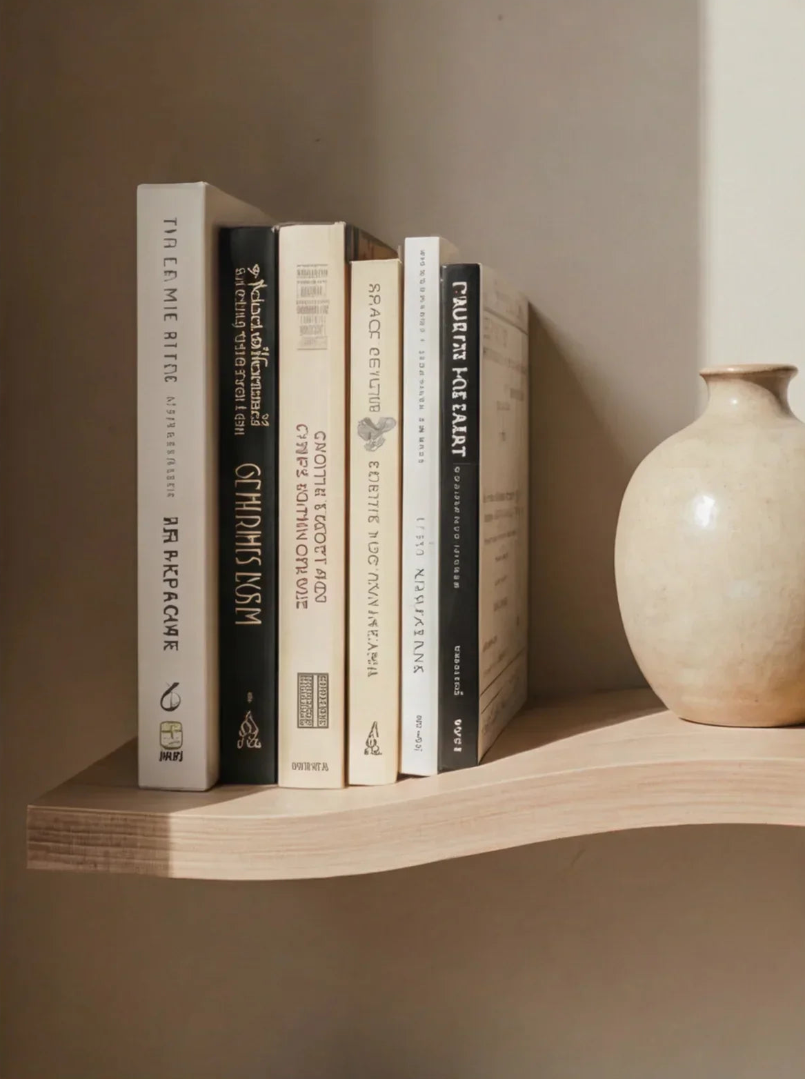 Curved solid wood floating shelf with stacked books and a minimalist ceramic vase